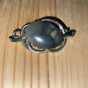 Vintage Natural Moss Agate Gemstone Brooch Silver Tone Metal